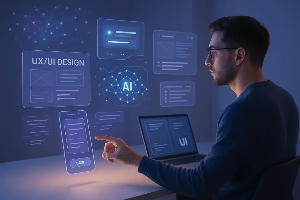 A UX/UI designer interacts with futuristic holographic interfaces powered by AI in a modern digital workspace, highlighting the integration of artificial intelligence in user experience design.