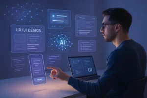 A UX/UI designer interacts with futuristic holographic interfaces powered by AI in a modern digital workspace, highlighting the integration of artificial intelligence in user experience design.