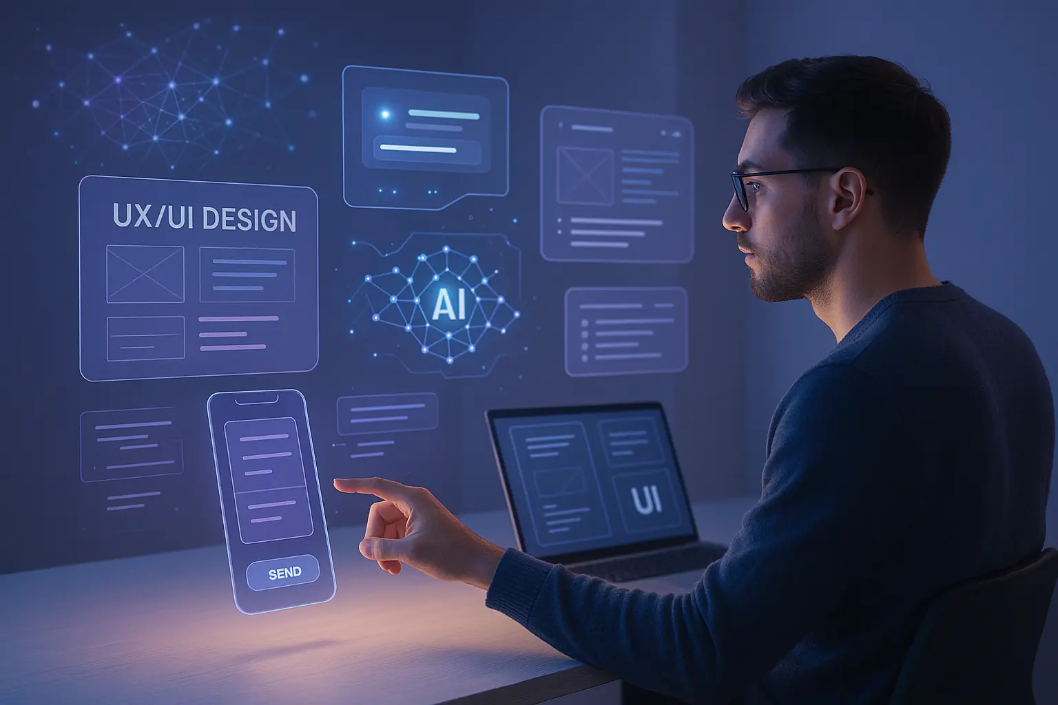 A UX/UI designer interacts with futuristic holographic interfaces powered by AI in a modern digital workspace, highlighting the integration of artificial intelligence in user experience design.